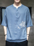 Summer Men's Linen Lotus Embroidery Half Sleeve Shirts