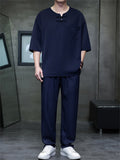 Men's 2Pcs Cool Casual Quarter Button Round Neck TangSuit Outfits