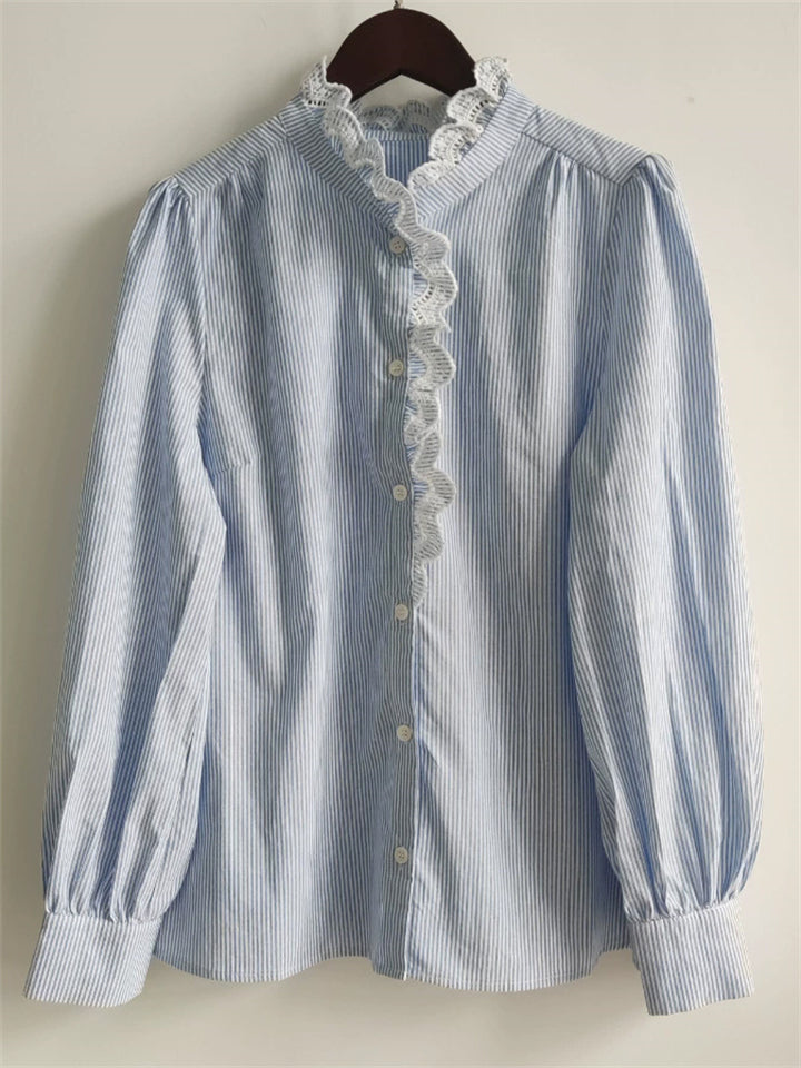 Women's Elegant Autumn Cotton Striped Hollow Stand Collar Long Sleeve Shirts