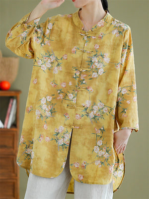 Women's Summer Oversized Flower Print Mid-Length Long Sleeve Shirt