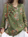 Women's Flowers Print Slant Placket 3/4 Sleeve Shirts