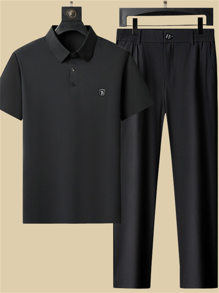 Men's 2Pcs Summer Cool Polo Collar Seamless Solid Color Outfits