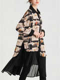 Fashion Animal Print Lapel Pleated Hem Patchwork Shirt for Women