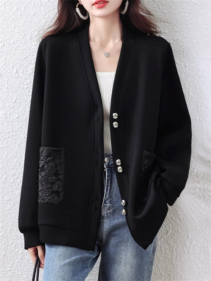 Women's Black V-neck Single Breasted Pockets Long Sleeve Jacket