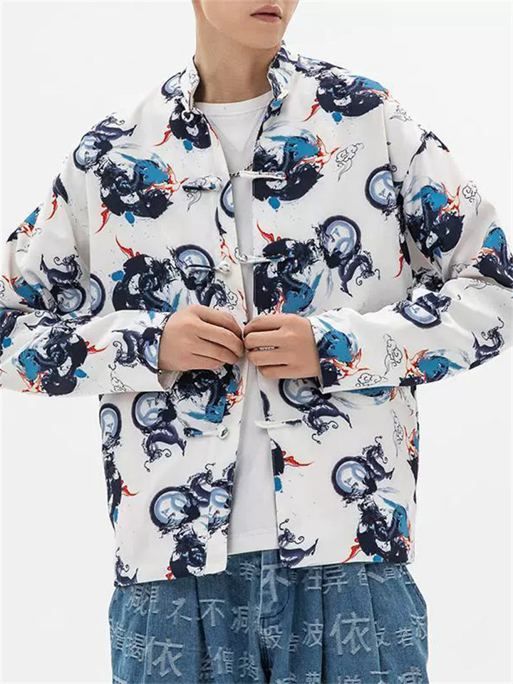 Men's Autumn Cartoon Loong Print Stand Collar Tangsuit Cardigan Jackets