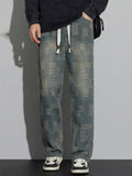 Men's American Retro Casual Spring Autumn Loose Straight Plaid Denim Pants
