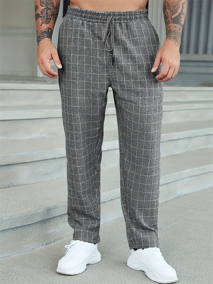 Men Plaid Drawstring Elastic Waist Casual Straight Trousers