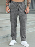 Men Plaid Drawstring Elastic Waist Casual Straight Trousers