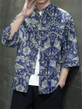 Men's Summer Chinese Style Printed Stand Collar Frog Button TangSuit Shirts
