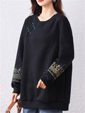 Women's Loose Black Embroidery O-Neck Pullover Sweatshirt