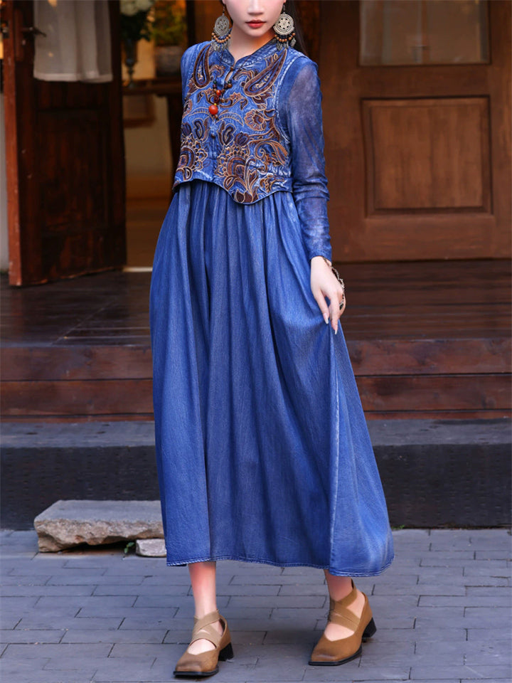 Women's O-neck Sleeveless Floral Embroidery Denim Tank Dress