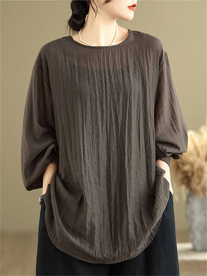 Women's Retro Coffee Solid Color Loose Round Neck Shirts