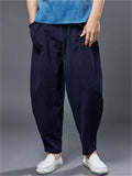 Ramie Loose Front Pockets Elastic Waist Harem Pant  for Men