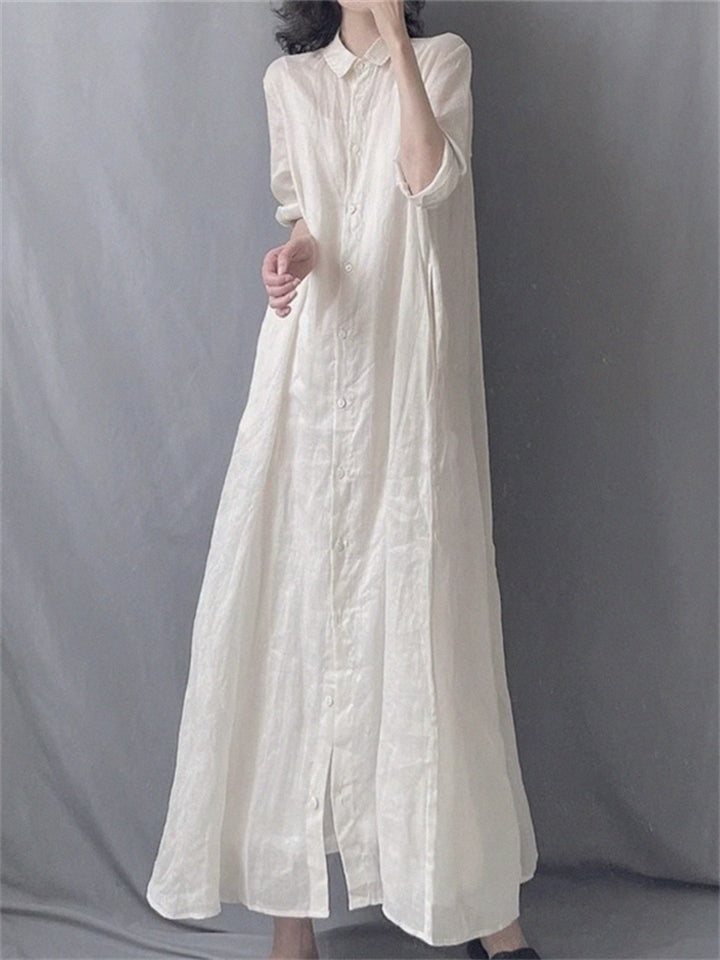 Women's Elegant White Solid Color Loose Button Up Shirt Dress