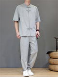 Men's 2Pcs Comfy Stand Collar Short Sleeve Solid Color TangSuit Outfits