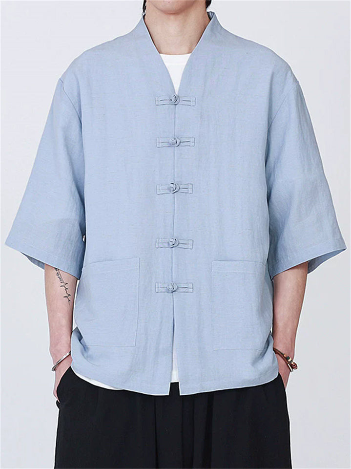 Men's Casual Simple Zen Style V Neck Frog Button Short Sleeve Shirts