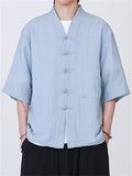 Men's Casual Simple Zen Style V Neck Frog Button Short Sleeve Shirts