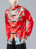 Oriental Style Loong Print Long Sleeve Cardigan Shirt for Men