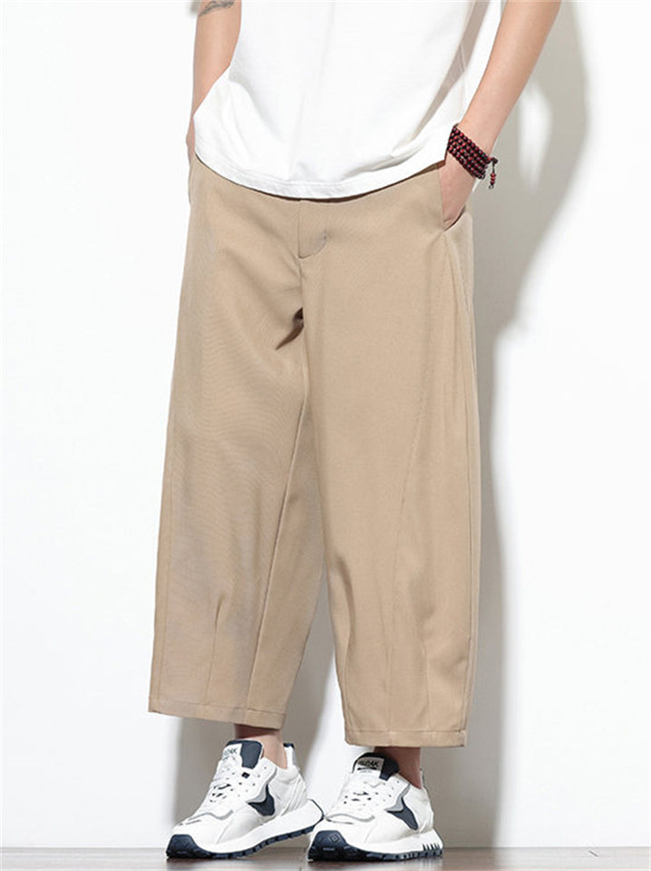 Mens Simple Casual Mid-waist Wide Leg Baggy Cropped Pants