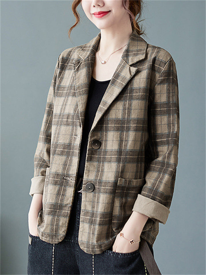 Women's Casual Retro Long Sleeve Plaid Suit Collar Jacket