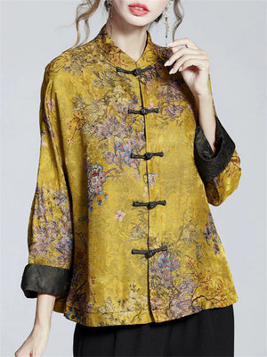 Chinese Style Stand Collar Button Up Jacquard Shirts for Women