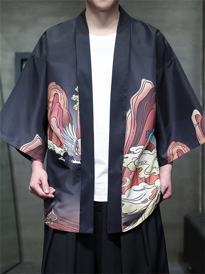 Chinese Vintage Zen Clothing Chinoiserie Print Cardigan Shirt for Men