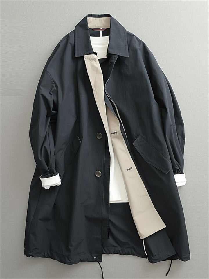 Men's Contrast Color Single-breasted Lapel Mid-length Trench Coat