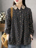 Women's Loose Floral Print Long Sleeve Lace Patchwork Collar Shirts