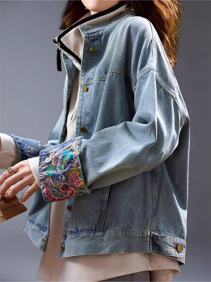 Long Sleeve Stand Collar Embroidery Waist Length Denim Jacket for Women