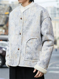 ‌Chinese Style Gray Printed Winter Coat with Faux Fur Trim for Men
