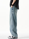 Men Summer Baggy Jeans Wash Elastic Waist Loose Curved Leg Denim Pants