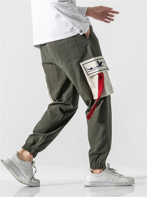 Crane Embroidery Red Cloth Multi-Pocket Pants for Men