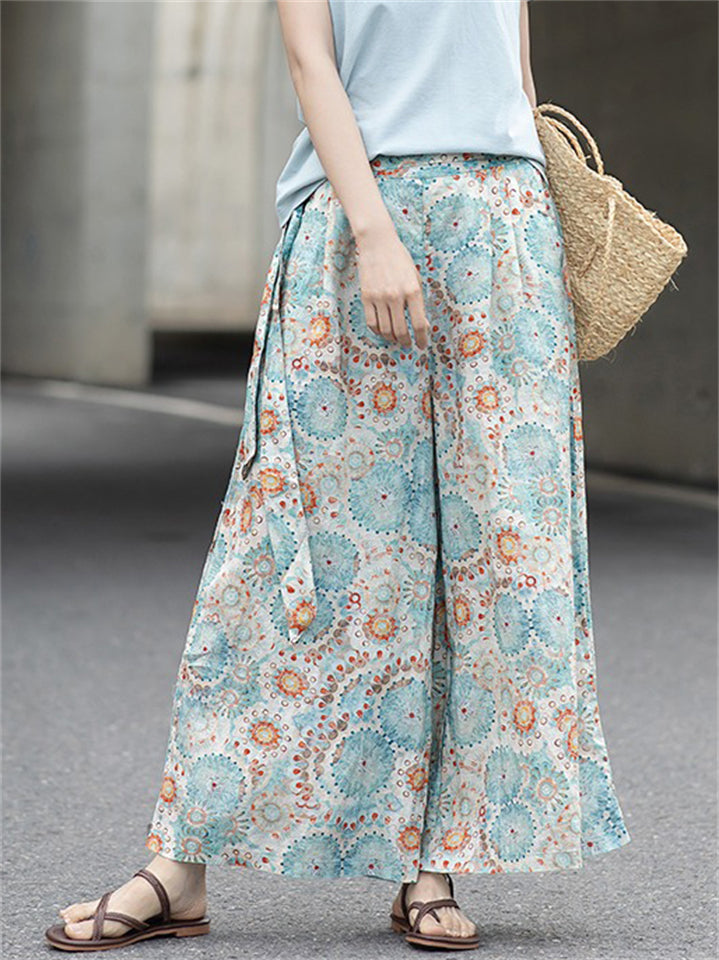 Women's Summer Retro Print Wide Leg Cropped Pants
