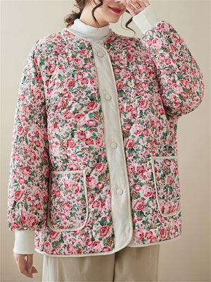 Casual Floral Print Quilted Jackets for Ladies