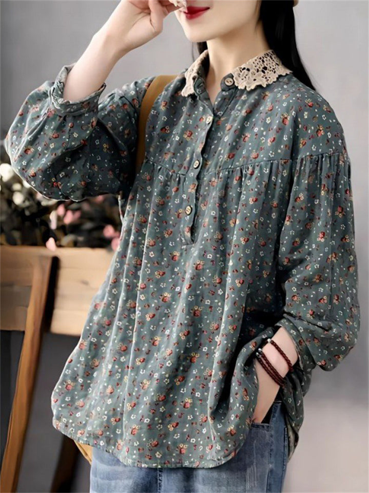 Women's Loose Floral Print Long Sleeve Lace Patchwork Collar Shirts