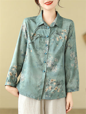 Blooming Flowers Print Women's Chinese Style Lapel Shirts