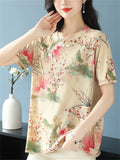 Women's Loose Print Short Sleeve Slant Placket Knit Shirts