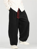 Men's Autumn Chinese Style Embroidered Corduroy Drawstring Wide Leg Pants