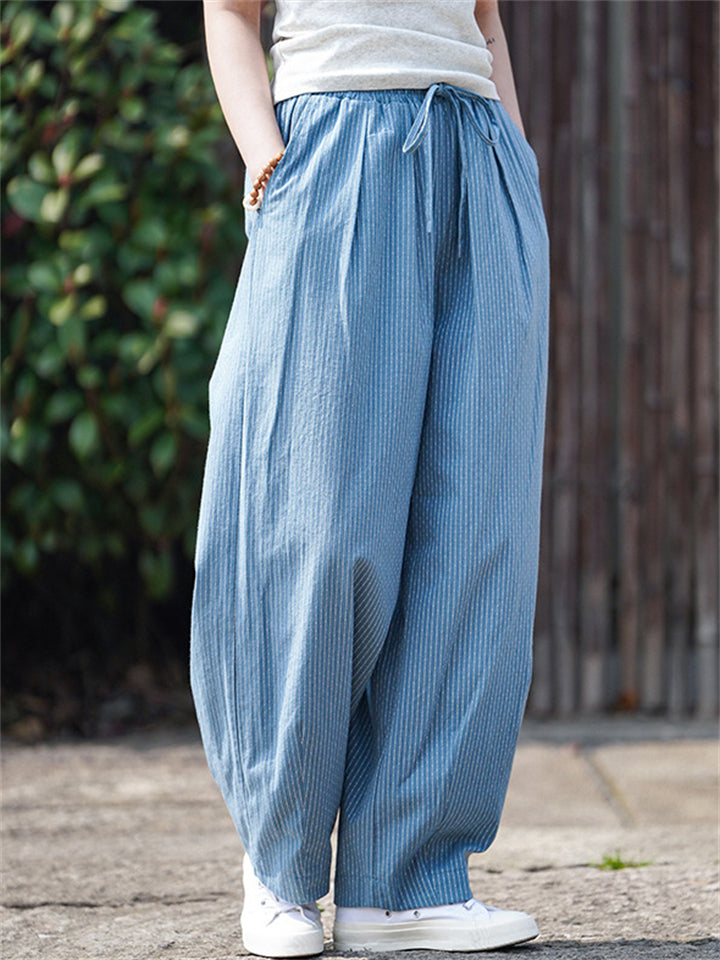 Summer Cotton Linen Stripe Casual Straight Pants for Women