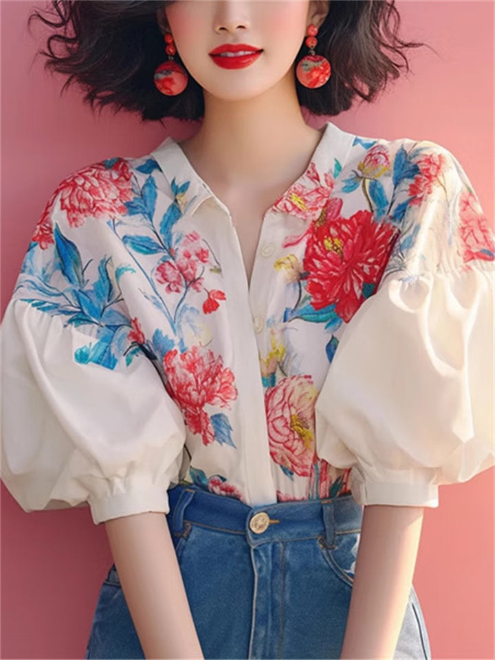 French Style Floral Print Puff Short Sleeve Shirt for Women