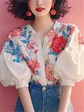 French Style Floral Print Puff Short Sleeve Shirt for Women