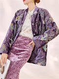 Women's Purple Round Neck Embroidered Sequin Cotton-padded Jacket