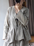 Women's Vintage V-Neck Loose Linen Texture Long Sleeve Shirts