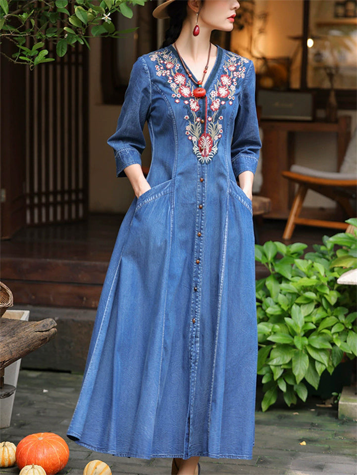 Women's V-neck Ethnic Floral Embroidery Button Pockets Denim Dress