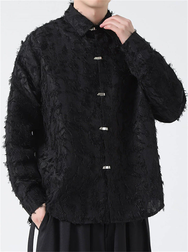 Man's Oriental Style Long Sleeves  All Black Button Printed Shirt