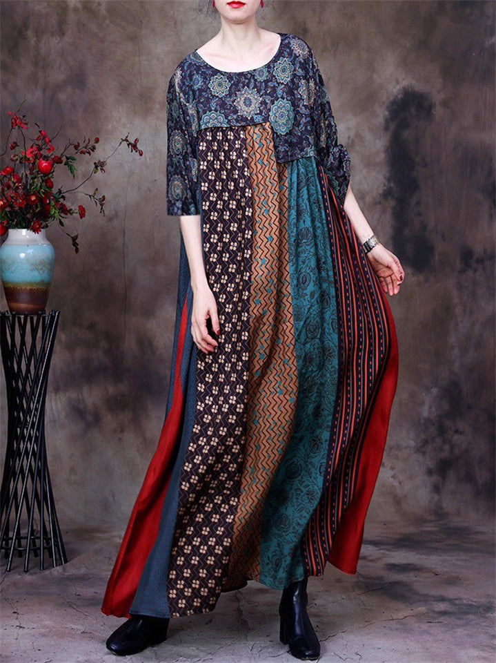 Women's Summer Printed Patchwork Half Sleeve Big Hem Maxi Dress