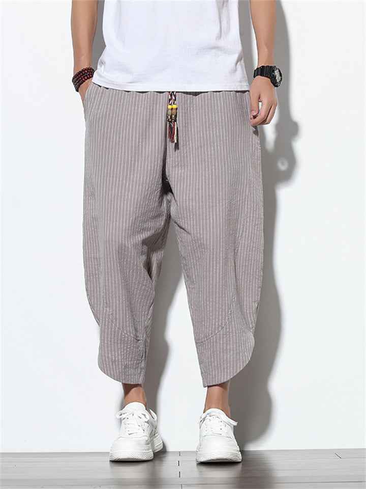 Men's Stylish Cozy Casual Plain & Striped Cotton Linen Cropped Pants