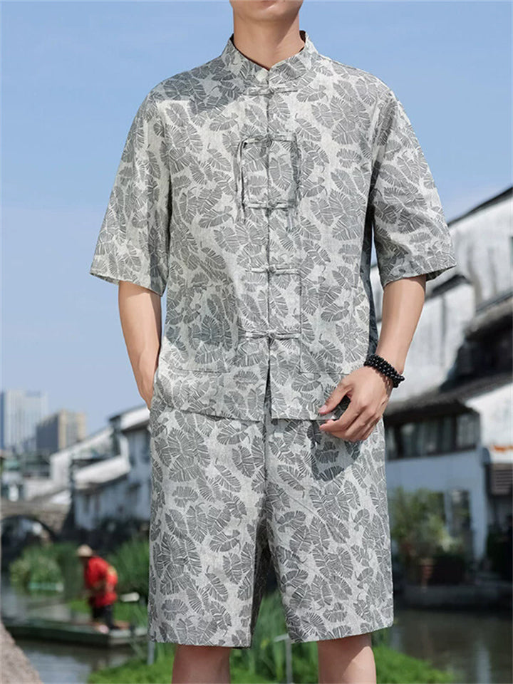 Men's Summer Chinese Zen Style Stand Collar Short Sleeve Suit Set with Leaves Print