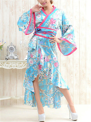 Women's Sweet V Neck Wide Sleeve Ruffled Hem Floral Kimono