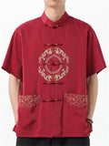 Chinese Style Men's Fuzi Embroidery Stand Collar Half Sleeve Shirts